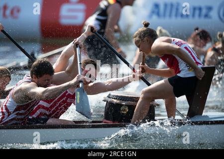 The boat of Roter Drache Muelheim, action, feature, marginal motifs, symbolic photo, final dragon boat mixed, canoe parallel sprint, canoe competitions on July 9th, 2023 in Duisburg/ Germany. The finals 2023 Rhine-Ruhr from 06.07 - 09.07.2023 Stock Photo