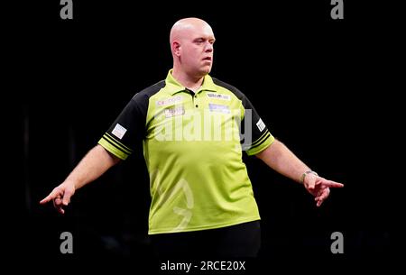 File photo dated 25-05-2023 of Michael van Gerwen who is ready to carry on breaking the pain barrier in his pursuit of back-to-back World Matchplay titles. Issue date: Friday July 14, 2023. Stock Photo