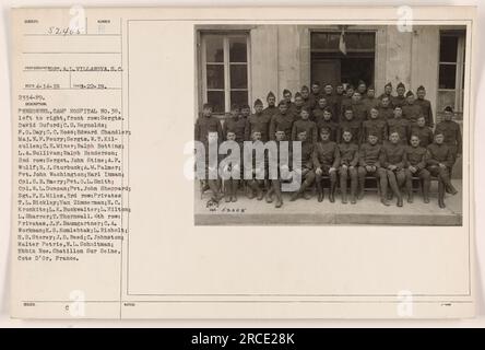 Personnel from Camp Hospital No. 38 in Chatillon sur Seine, Cote d'Or, France, are pictured in this photo. The individuals in the photo are identified as follows: in the front row from left to right - Sergte, David Duford; C. S. Reynolds; F.O.Day; C. C. Ross; Edward Chandlers Maj. N. P. Feury; Sergts. W. T. K11-cullen; C. E. Miner; Ralph Botting; L.A. Sullivan; Ralph Henderson. In the second row - Sergst. John Stine; A. F. Wullf; R. J. Sturbuck; A. M. Palmer; Pvt. John Washington; Earl Inman; Cpl.S.B. Emery; Pvt. 0.L. Smith; Cpl. W. L. Duncan; Pvt. John Sheppard; Sgt.F.E. Miles. In the third r Stock Photo