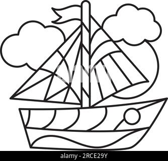 Fishing boat coloring page. Contour vector illustration for kids coloring book, isolated on white background. Stock Vector