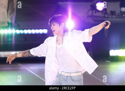 New York, United States. 14th July, 2023. Jung Kook of BTS performs on 'Good Morning America''s 2023 Summer Concert Series at the Rumsey Playfield/SummerStage in Central Park in New York City on Friday, July 14, 2023. Photo by John Angelillo/UPI. Credit: UPI/Alamy Live News Stock Photo
