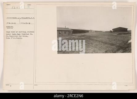 Rear view of Camp Hospital No. 64 in Chatillon sur Seine, Cote d'Or, France. This photograph shows a water tank located at the hospital. Notes indicate that the photograph was taken by GT. A. L. VILLANOVA, S.C., issued on 1-29-19, and has the description number 52430. Stock Photo