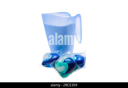 Washing laundry detergent powder and blue plastic measuring cup, top view  Stock Photo - Alamy