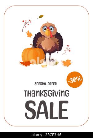 Thanksgiving sale flyer set on white background. Turkey, autumn leaves, apple trees, berries. A4 vector illustration for poster, banner, special offer Stock Vector