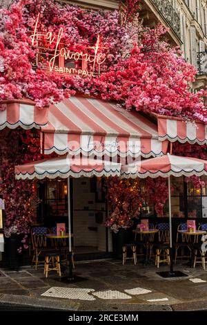 La Favorite Restaurant in Paris, covered with fake pink flowers! Stock Photo