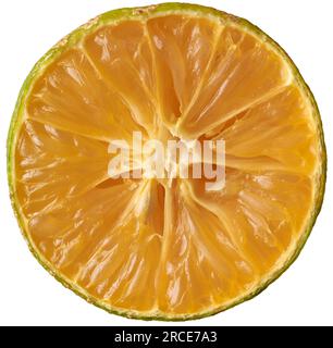 fresh citrus slice isolated on white background, close-up macro view of yellow color orange, lime or lemon fruit half without shadow Stock Photo