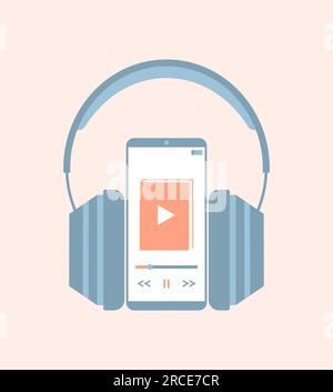 Headphones and a smartphone with an audiobook on the display. Flat vector illustration Stock Vector