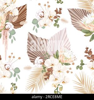 Seamless pattern with orchid, protea, cotton, palm leaves, eucalyptus and dry flowers Stock Vector