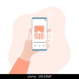 Hand holding smartphone with audiobook app on screen. Flat vector illustration Stock Vector
