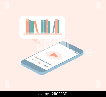 Isometric smartphone with audiobook app on screen and bookshelf in speech bubble above it. Flat vector illustration Stock Vector