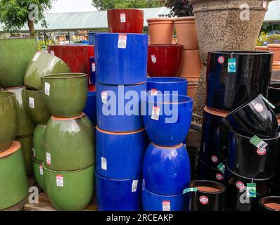 Frost proof pottery ceramic pots on sale in garden centre, UK Stock Photo