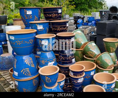 Frost proof pottery ceramic pots on sale in garden centre, UK Stock Photo