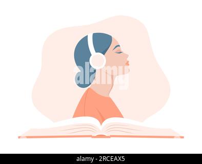 A woman listening to an audiobook. Side portrait of a young woman in headphones over an open book. Flat vector illustration Stock Vector