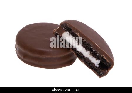 chocolate chip cookies with milk filling isolated on white background Stock Photo