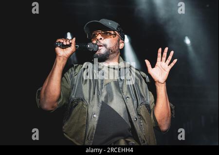 TORINO, STUPINIGI SONIC PARK FESTIVAL 2023, ITALY: Will.i.am (real name William James Adams Jr.) of the American musical group consisting of rappers called Black Eyed Peas performing live at the Stupinigi Sonic Park festival Stock Photo