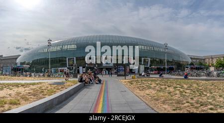 Strasbourg, France - 06 26 2023: View of the modern facade of Strasbourg train station building and the pedestrian way painted with a rainbow Stock Photo