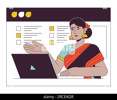 Hindu woman on web conferencing flat line concept vector spot illustration Stock Vector
