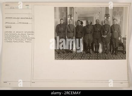 'Factual caption for the image: Officers of the Ordnance Department in Paris, Seine, France. The officers pictured are Capt. Gallatin, Jr., Major Charles C. Goodrich, Major Herbert H. Childs, Col. Edwin D. Bricker, Lieut. Col. Paul L. Pierce, and Major Frank J. Keelty. Photograph taken on February 4, 1919, by photographer Ray Gallivan. Source: Photographs of American Military Activities during World War One.' Stock Photo