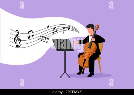 Business flat style drawing young male performer playing on contrabass. Cellist man playing cello, musician playing classical music instrument. Cartoo Stock Photo