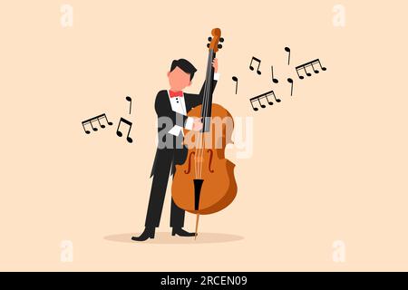 Business flat cartoon drawing double bass player standing with big string instrument. Man musician playing classical music with fingers. Professional Stock Photo