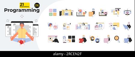 People programming codes monochrome concept vector spot illustrations bundle Stock Vector