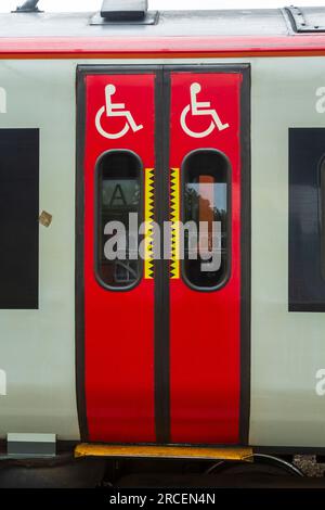 DMU Class 158, wheelchair access door, at Shrewsbury Station, Shropshire, UK, Stock Photo