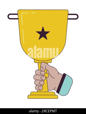 Holding trophy cup flat line concept vector spot illustration Stock Vector