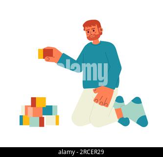 Happy bearded father playing with constructor cubes semi flat color vector character Stock Vector