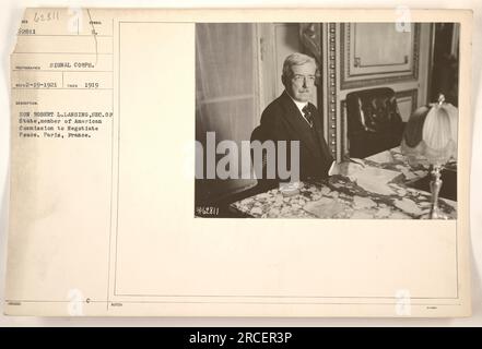 Hon. Robert L. Lansing, United States Secretary of State and member of the American Commission to Negotiate Peace, photographed in Paris, France. The photo was taken in 1919 and is part of the collection of American Military Activities during World War One. Stock Photo