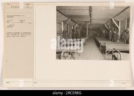 Image of the sleeping quarters of a detachment at Camp Hospital 64 in Chatillon sur Seine, Cote d'Or, France. Taken on April 14, 1919 by Sgt. A.L. Villanova, S.C. This image is numbered 52424 and was issued on January 25, 1919. Stock Photo