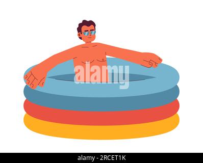 Hispanic sunglasses man in inflatable swimming pool semi flat color vector character Stock Vector
