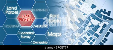 Imaginary cadastral map of territory with buildings, roads and land parcel - concept illustration with Land Registry text Stock Photo