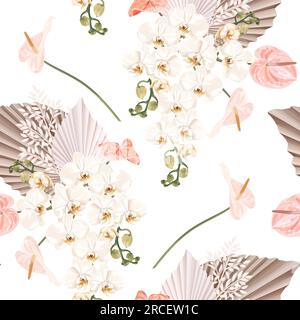 Floral seamless pattern with white orchid flowers, anthurium, palm leaves and dry plants in boho style. Stock Vector