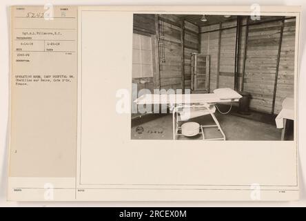 An image of an operating room at Camp Hospital 64 in Chatillon sur Seine, Cote d'Or, France. The photograph was taken by Sgt. A.L. Villanova on April 14, 1919. This photograph is categorized under subject code BEC'D, photo number 52420. It was sourced on January 25, 1919, and has additional notes referred to as 188UED and 1. The details mention that the photo was taken in the operating room at Camp Hospital 64. Stock Photo