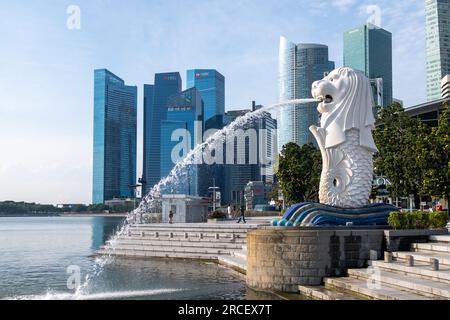 Singapore - 22 October 2022: Merlion Statue at Merlion Park, it is a mythical creature with a lion's head and the body of a fish. It is used as a masc Stock Photo