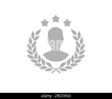 Silver silhouette circular laurel foliate with a male avatar, wheat and oak wreaths depicting an award, achievement, heraldry logo design. Stock Vector