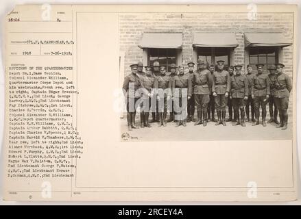 Officers of the Quartermaster Depot No. 1, Base Section, posing for a photograph in 1918. Front row, left to right: Captain Edgar Crocker, 2nd Lieut. George Harvey, 2nd Lieutenant Fay Disbrow, 1st Lieut. Charles C.Perrin, Colonel Alexander E. Williams, Captain H.E.Williams, Captain Arthur Babbitt, Captain Charles V.Spence, Captain Harold V. Chambers. Rear row, left to right: 2nd Lieut. Alonzo Morsback, 1st Lieut. Edward P. Murphy, 2nd Lieut. Robert L. Klutte, 2nd Lieut. Wayne Max V.Ralstom, 2nd Lieutenant Goorge P. Watson, 2nd Lieutenant Horace B.Cermin. Taken on 7-26-1918. Stock Photo