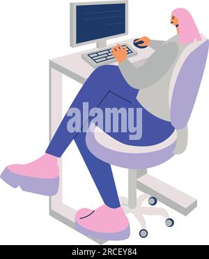 Woman sitting at the desk working on computer vector illustration. Stock Vector