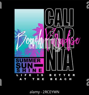 Summer Graphic California Beach Paradise summer sunshine typography gradient palm tree black T shirt graphic Print Design Stock Vector