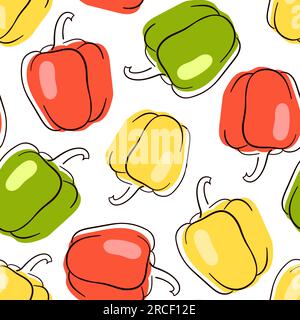 Hand drawn bell peppers in line art flat style. Vector seamless pattern on a white background. Stock Vector
