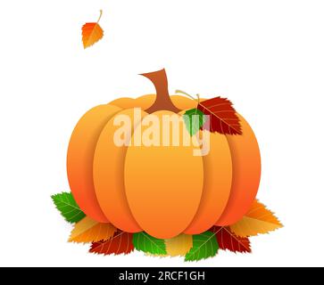 Orange pumpkin, autumn bright leaves on a white background. The concept of autumn harvest, halloween Stock Vector