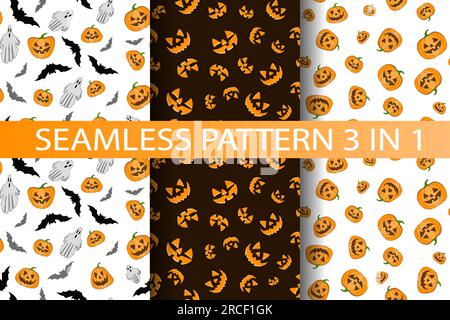 Halloween pumpkins seamless pattern, set 3 in 1. Flat orange pumpkins with carved scary smiling faces. Happy Halloween Boo. Pumpkins, ghosts, bats Stock Vector