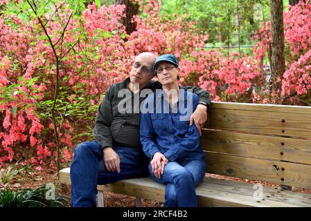 Affectionate couple sit on rustic wooden bench in the South Arkansas Arboretum, a state park in El Dorado, Arkansas.  Pink azaleas are blooming all ar Stock Photo