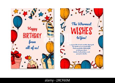 Two sides Birthday vertical greeting card. Design with hand drawn elements. Celebration invitation template. Vector illustration in sketch style Stock Vector