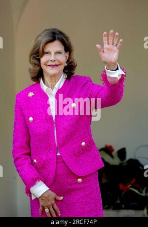 Borgholm, Schweden. 14th July, 2023. Queen Sylvia of Sweden at Solliden Palace in Borgholm, on July 14, 2023, to attend the celebrations of Crown Princess Victoria 46th birthday Credit: Albert Nieboer/Netherlands OUT/Point De Vue OUT/dpa/Alamy Live News Stock Photo