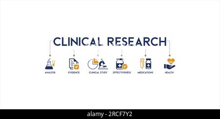 Banner of clinical research vector illustration concept pictogram with the icon of analysis, evidence, clinical study, effectiveness, medication Stock Vector