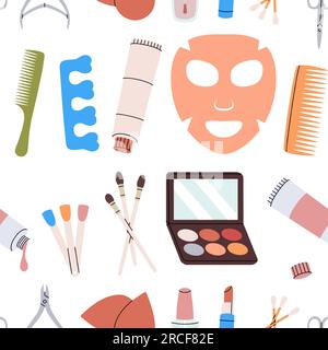 Beauty salon pattern. Makeup seamless banner. Beauty salon tools. Colored makeup tools background. Stock Vector