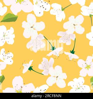 Seamless pattern with white flowers and yellow background for prints; white cherry flowers design with red background Stock Vector