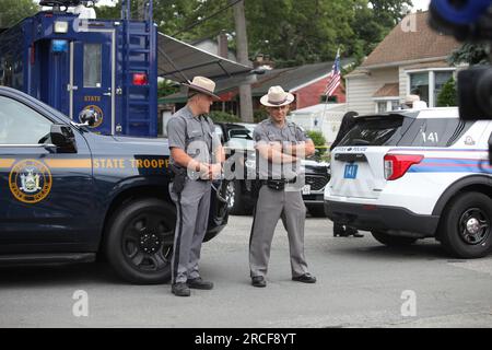 Massapequa Park, New York, USA. 14th July, 2023. (NEW) Gilgo BeachÃ‚Â Serial killer Suspect, Rex Heuermann, Arrested in Massapequa Park -NY. July 14, 2023, Massapequa Park, New York, USA: The Gilgo BeachÃ‚Â Serial killer Suspect, Rex Heuermann, a married architect at a New York City firm, has been arrested at his home in Massapequa Park and now in Police custody. The arrest is connected to the famous 'Gilgo Four, ' women discovered wrapped in bag within days of each other in late 2010. Credit: ZUMA Press, Inc./Alamy Live News Stock Photo