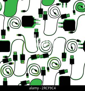 seamless pattern with wires,charger and usb; colorful seamless pattern Stock Vector